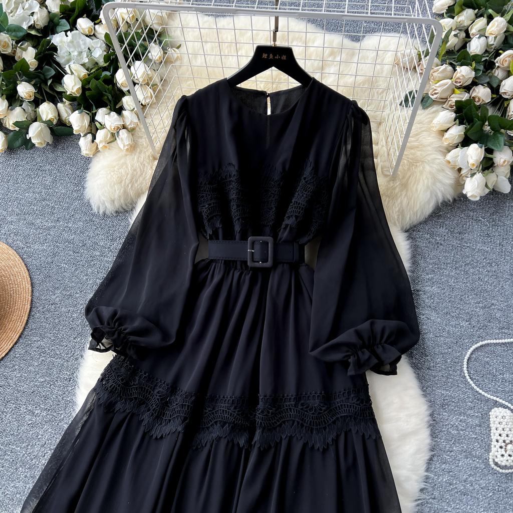 French O Neck Cut Out Lace PATCHWORK Lantern Sleeve Korean Fashion Dress Women's Summer Waist Sweet Dresses