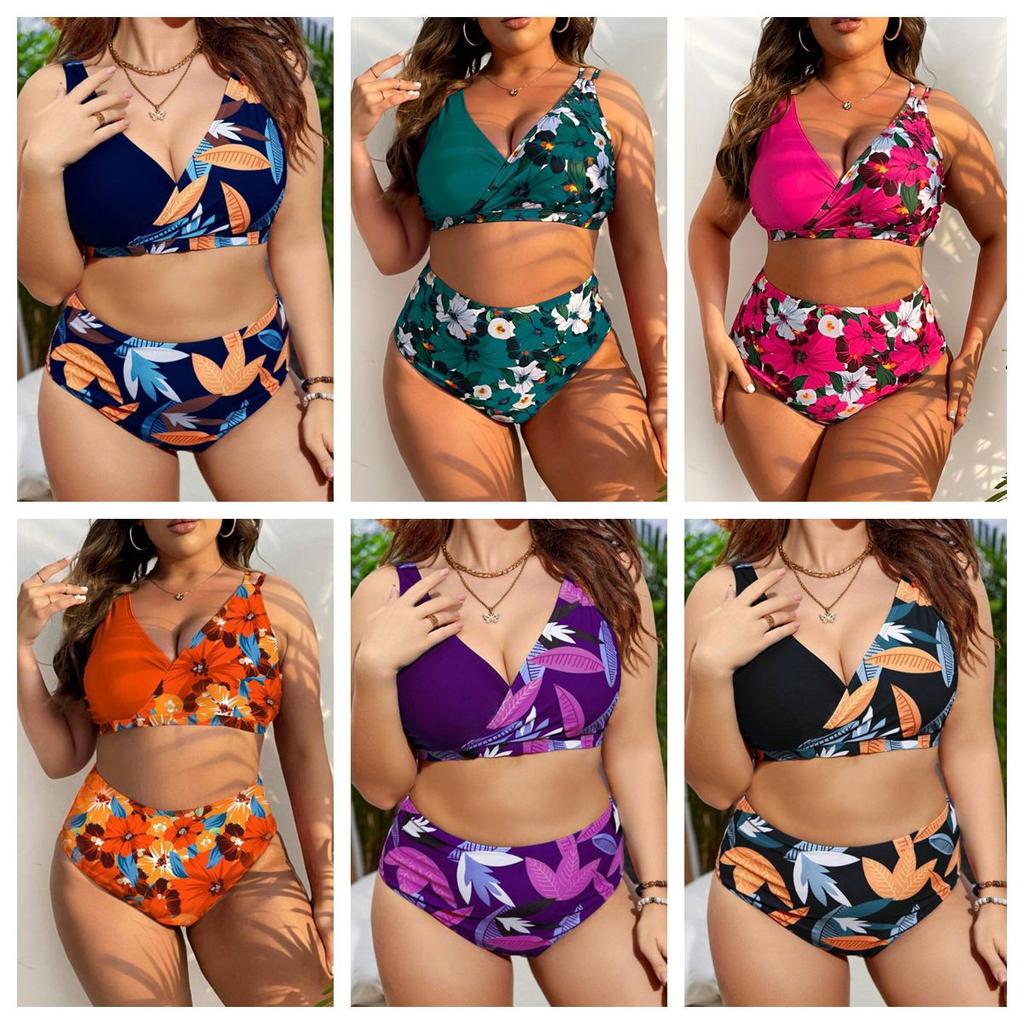 Plus Size Fashionable Sexy Floral Print Push-Up Bikini Set Swimsuit