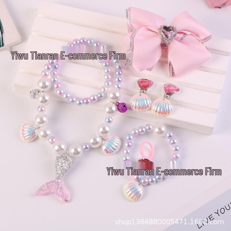 Colar de Pérolas de Sereia e Conjunto de Acessórios de Princesa para Meninas - Conjunto de 5 Peças para Presente de Feriado