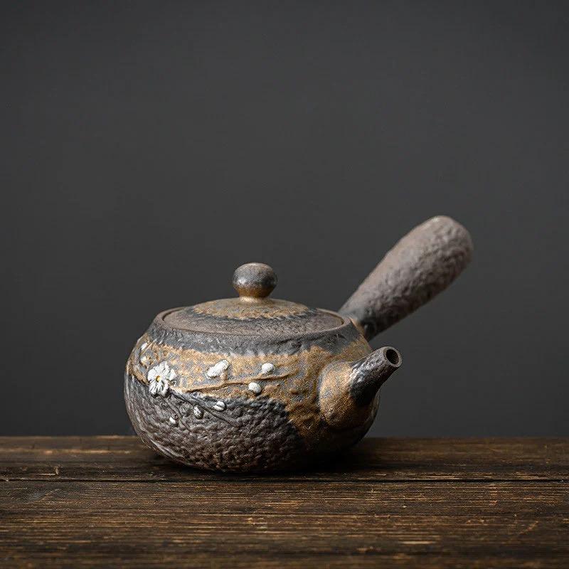 Vintage Japanese Style Rustic Ceramic Tea Kettle / Heating Base - Portable Handle Teapot for Home Use