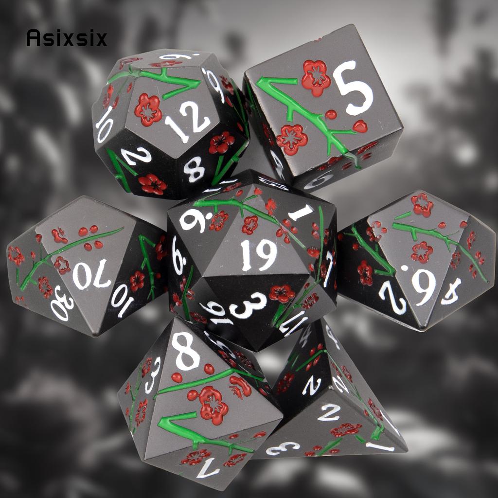 7 Pcs Black Flower Metal Dice Solid Metal Polyhedral Dice Set Suitable for Role-Playing RPG Board Game Card Game