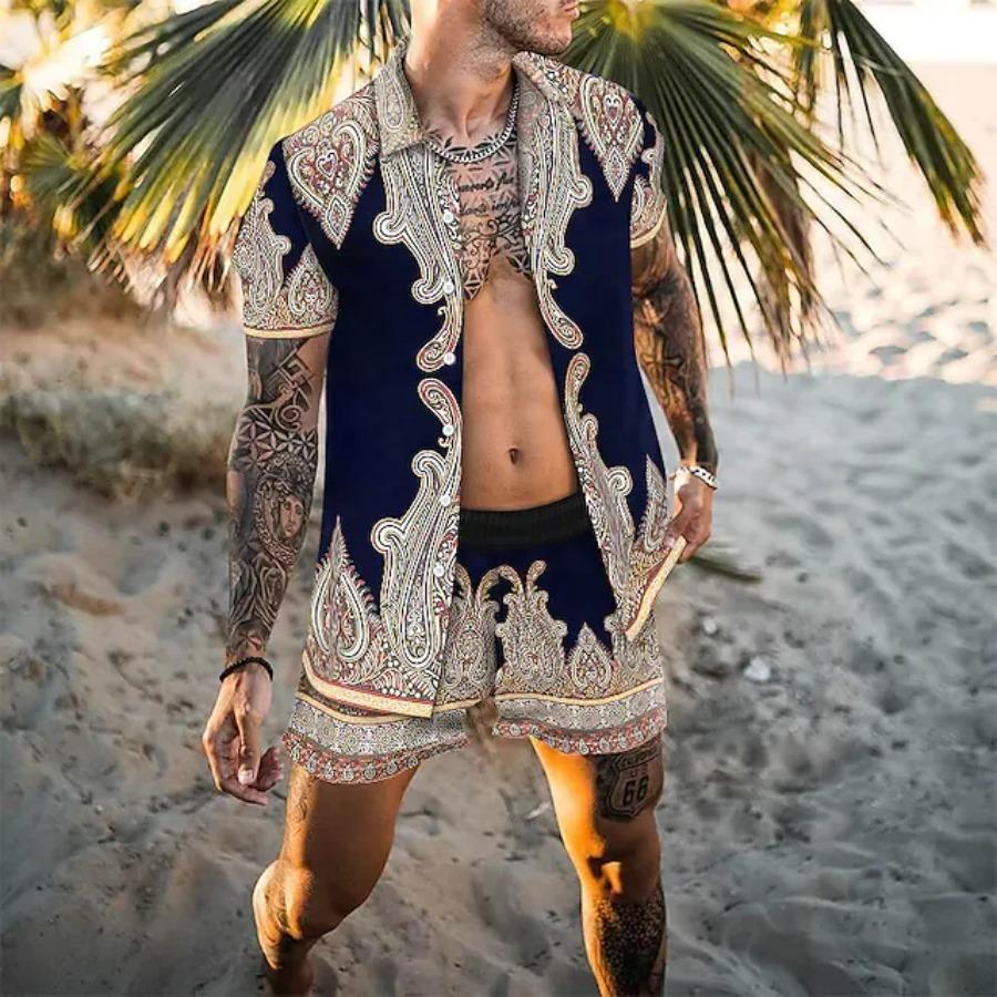Summer Men's Fashion Leopard Print Short Sleeve Shirt And Shorts Set Beach Style T Shirt Breathable Shorts Two Piece Set