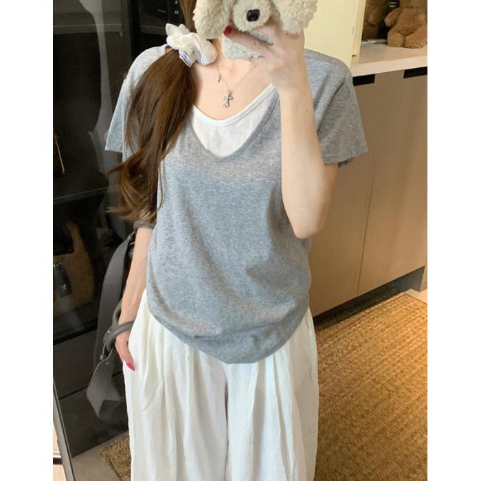 

Korean casual relaxation lazy wind v-neck short-sleeved T-shirt women s summer top XL