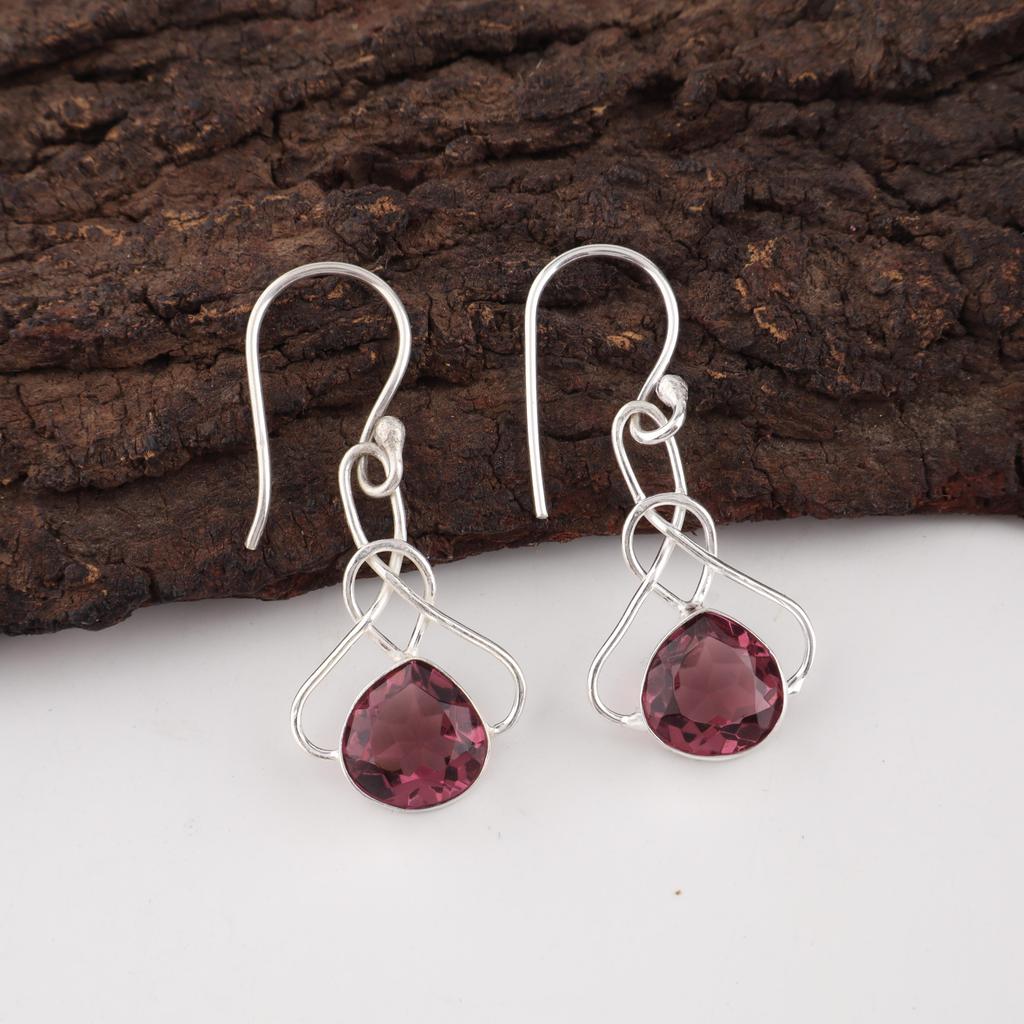 Rhodolith Edelstein Schmuck, Handgefertigter Silberschmuck, 925 Sterling Silber Ohrringe, Wunderschöne Silberohrringe für Hochzeitsgeschenk