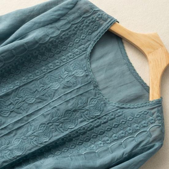 Women Tops Round Neck 3/4 Sleeve Puff Sleeve Loose Fit Casual Tops Embroidery Irregular Hem Blouse Spring Summer Wear