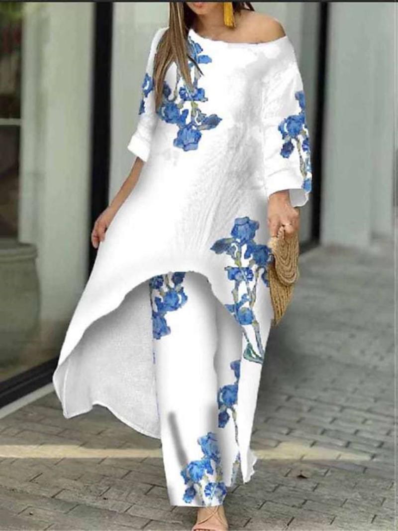 

2026 Women s Plus Size Irregular Print Two-Piece Set with Nine-Sleeve Top and Straight-Leg Pants Small