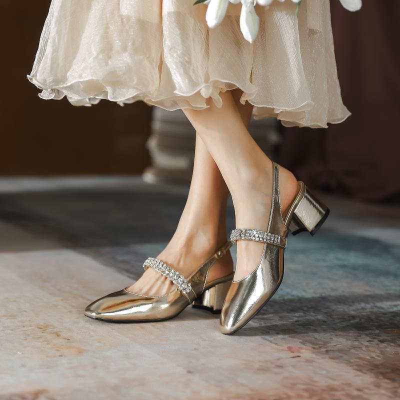 French Rhinestone Rear Empty Mary Jane Shoes Women's 2025 Spring New Versatile Thick Heel High Heels Retro Buckle Sandals