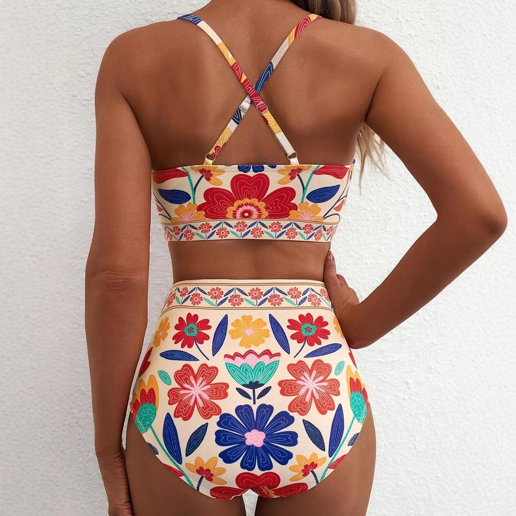 Women's High Waist U-Line Bikini Set Floral Print Swimsuit Cross Back Swimming