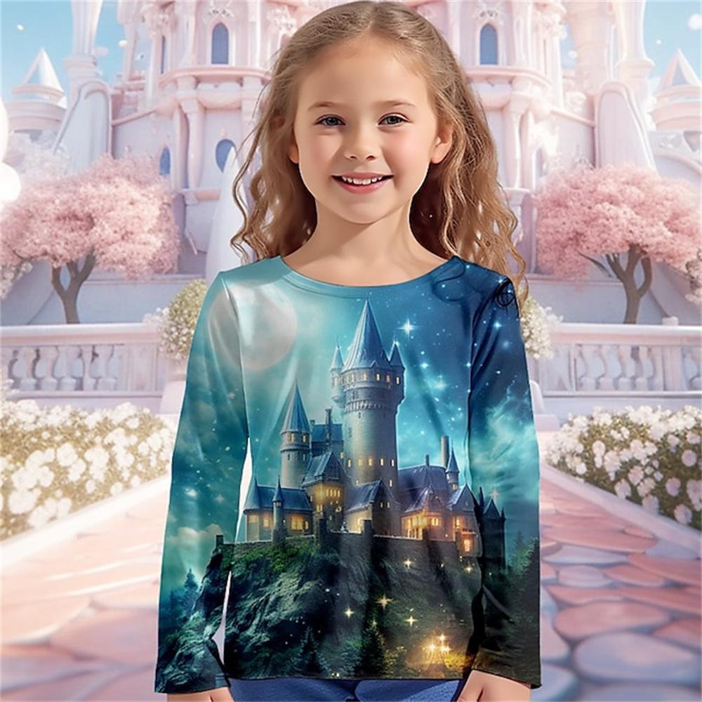 Children's Clothing From 6 To 14 Years Dream Elves 3d Pattern 2023 Autumn Kids Top Girls Tee Shirt Fashion Castle T-Shirts