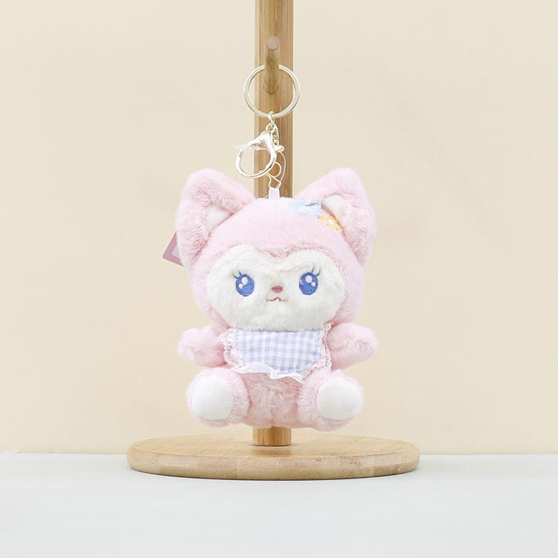 Cute Adorable Plush Fox Pendant Toy Keychain Soft Stuffed Doll With Blue Yellow Bib