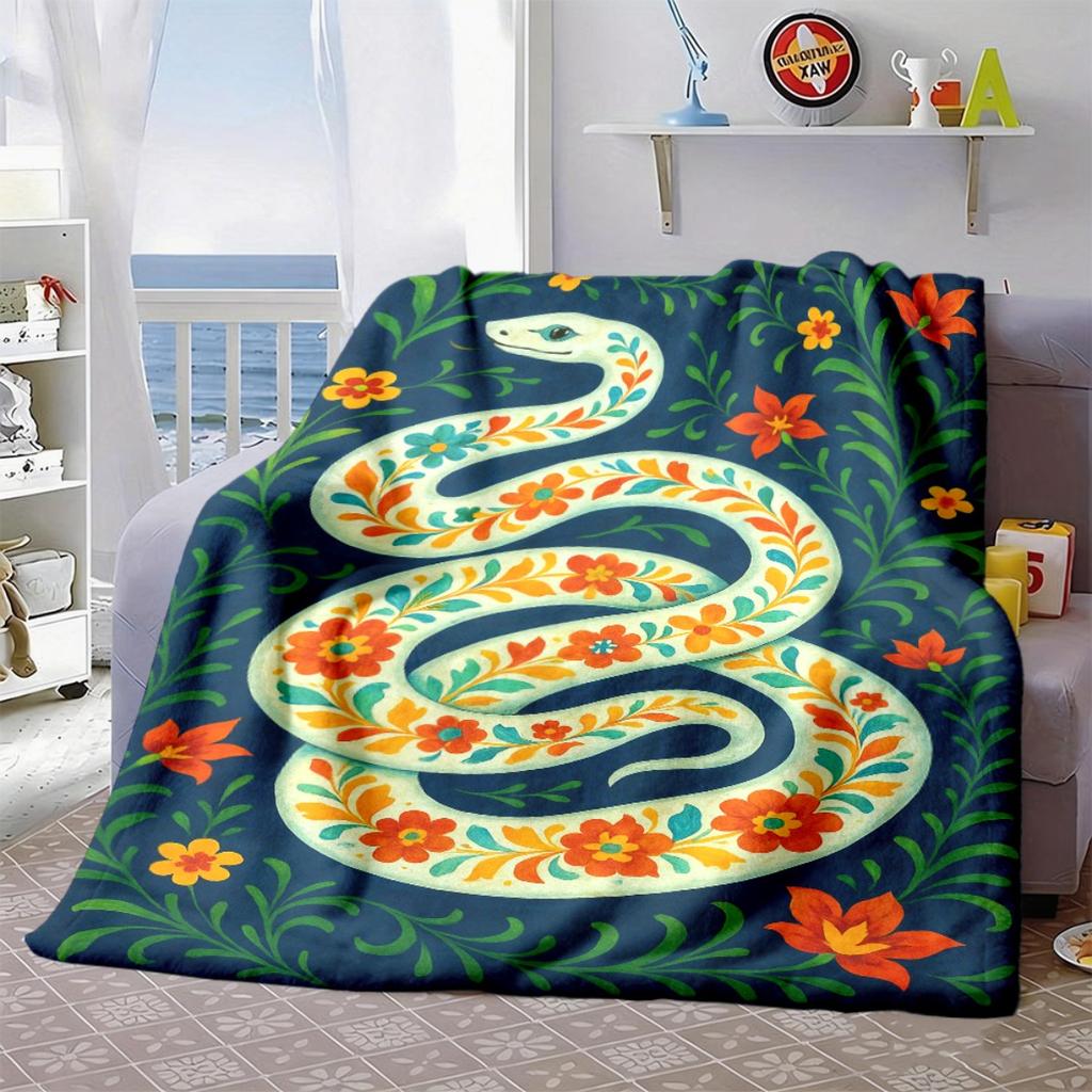 2026 New Arrivals 1pc UltraSoft Flannel Blanket with Vibrant Cartoon Snake & Floral Design Machine Washable, AllSeason Cozy Throw for Sofa, Bed, Trave