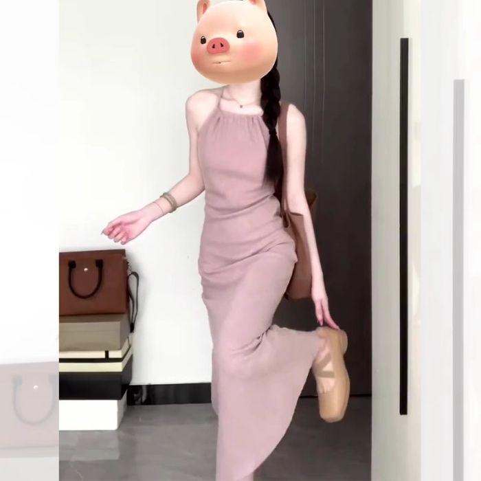 

Приталенное летнее платье в стиле ретро хай-энд на бретелях-халтер Medium розовый