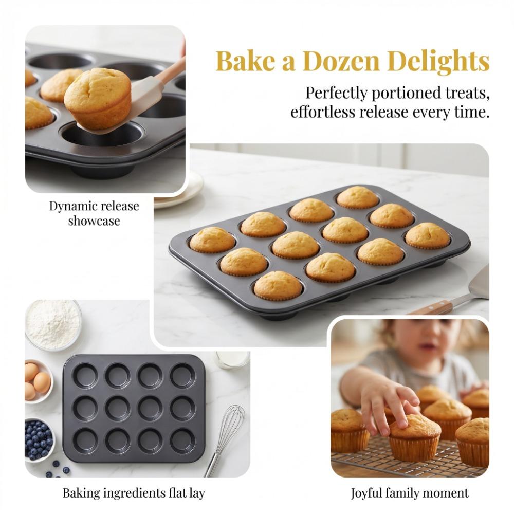 Carbon Steel Cupcake Tin 12-Cup Design Baking Pan Tea Cakes Bakeware Tray Home Baking
