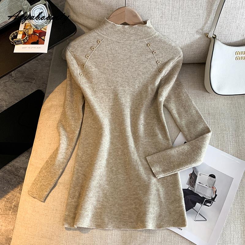 Autumn Winter Women Basic Simple Sweater Half High Collar White Black Brown Knitting Pullover Long Sleeve Ladies' Knitted Top