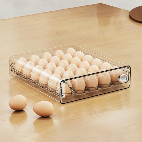 Egg Storage Box Transparent Space Saving Egg Container with Individual Slots Smooth Sliding Drawer Egg Holder for Kitchen Refrigerator