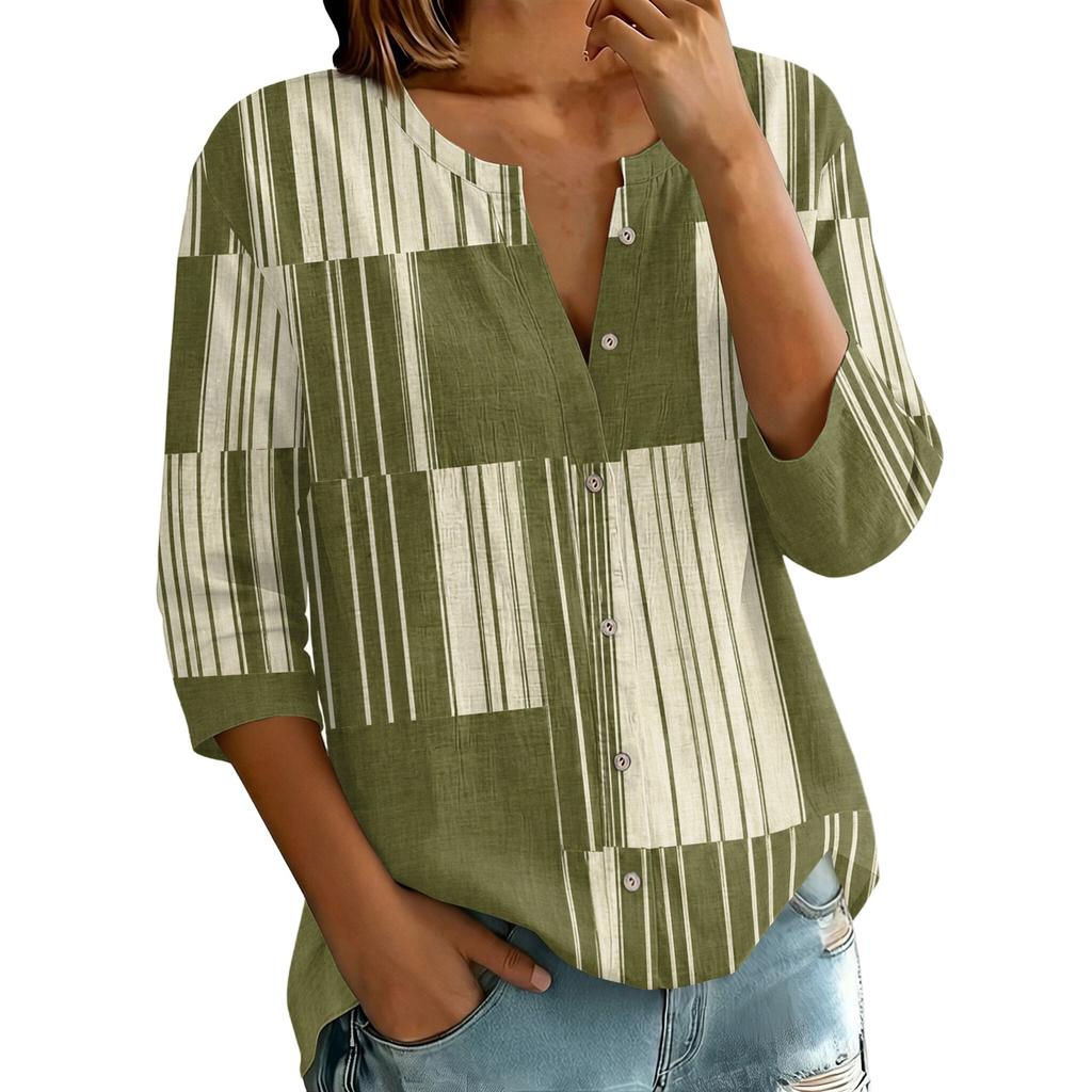 Women's Fashion Cotton Linen Printed 3/4 Sleeve Button Shirt for Casual Wear