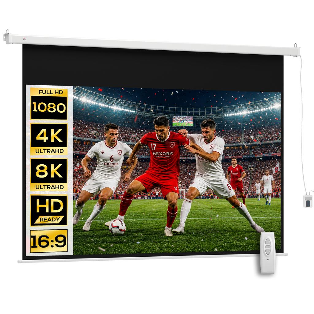 Projector Screen 247 x 168 cm 100 Inch 16:9 HD 4K Projection Screen Electric with Remote Control, White