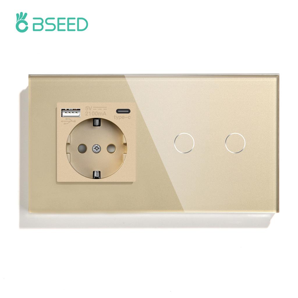 BSEED EU Standard 1/2/3Gang Touch Switches 1way Light Sensor Switch With USB Sockets Wall Sockets Type-C Ports Glass Panel
