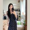 Blue Floral Backless Suspender Dress, New Women's Coffee Break Design Sense Vacation Temperament French Long Skirt