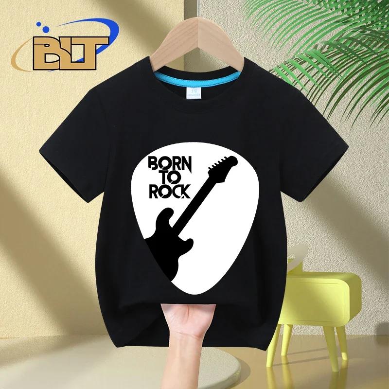 Guitar Born To Rock Printed Kids TShirt Summer Childrens Cotton ShortSleeved Casual Tops Boys and Girls Gifts 100