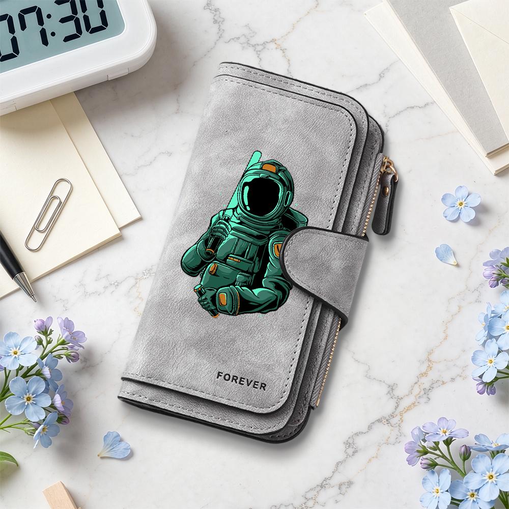 Fashion Astronaut Print Long Wallet PU Leather Multi Card Holder Portable Purse for Daily Use