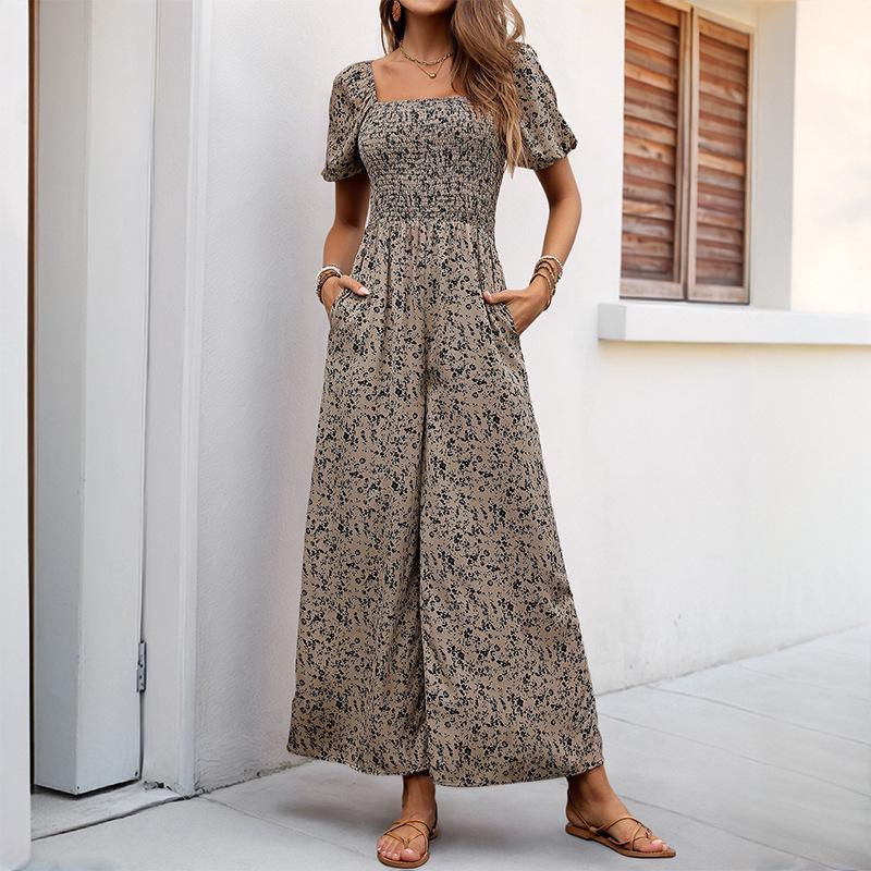 European Summer 2026 Polka Dot Ruched Square Neck Backless Short Sleeve Jumpsuit for Women