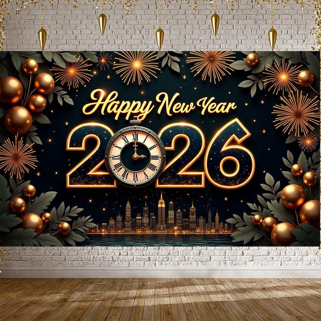 2026 New Year Display Golden Balloons Happy New Year Banner Year 2026 Banner Sparkling Effect For Holiday Event