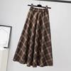 Women Midi Skirt Elastic High Waist Plaid Print Skater Skirt A-Line Large Hem