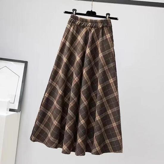 Women Midi Skirt Elastic High Waist Plaid Print Skater Skirt A-Line Large Hem