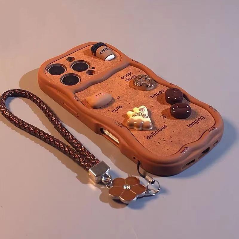 Adequado para Iphone Capa de Celular 3D Fofa Cor Marrom Café Borda Ondulada com Cordão Capa de Silicone Macio Presente Perfeito para Amigas