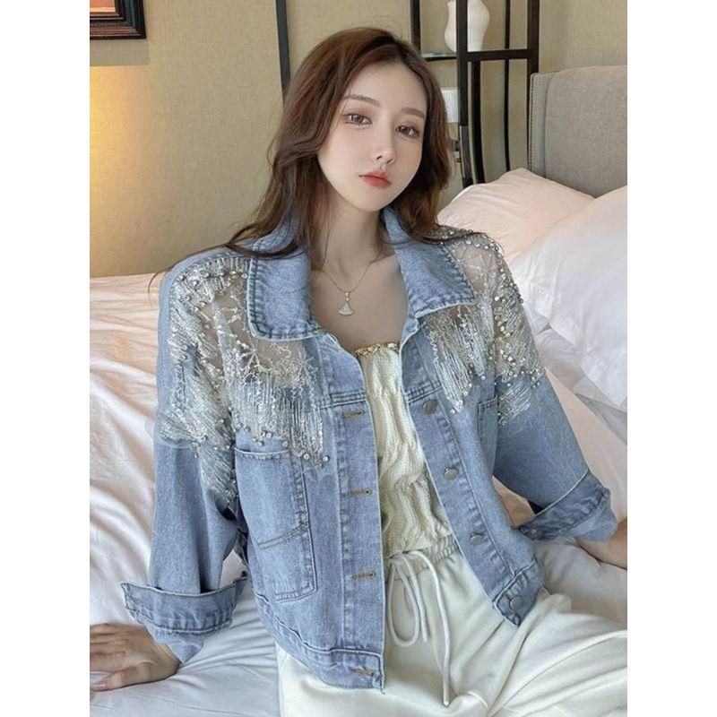 Internet Celebrity Beads Rhinestones Denim Outwear Female Spring & Fall 2024 Loose Slim Looking Fashion Wind Mesh Jacket Tops Tide