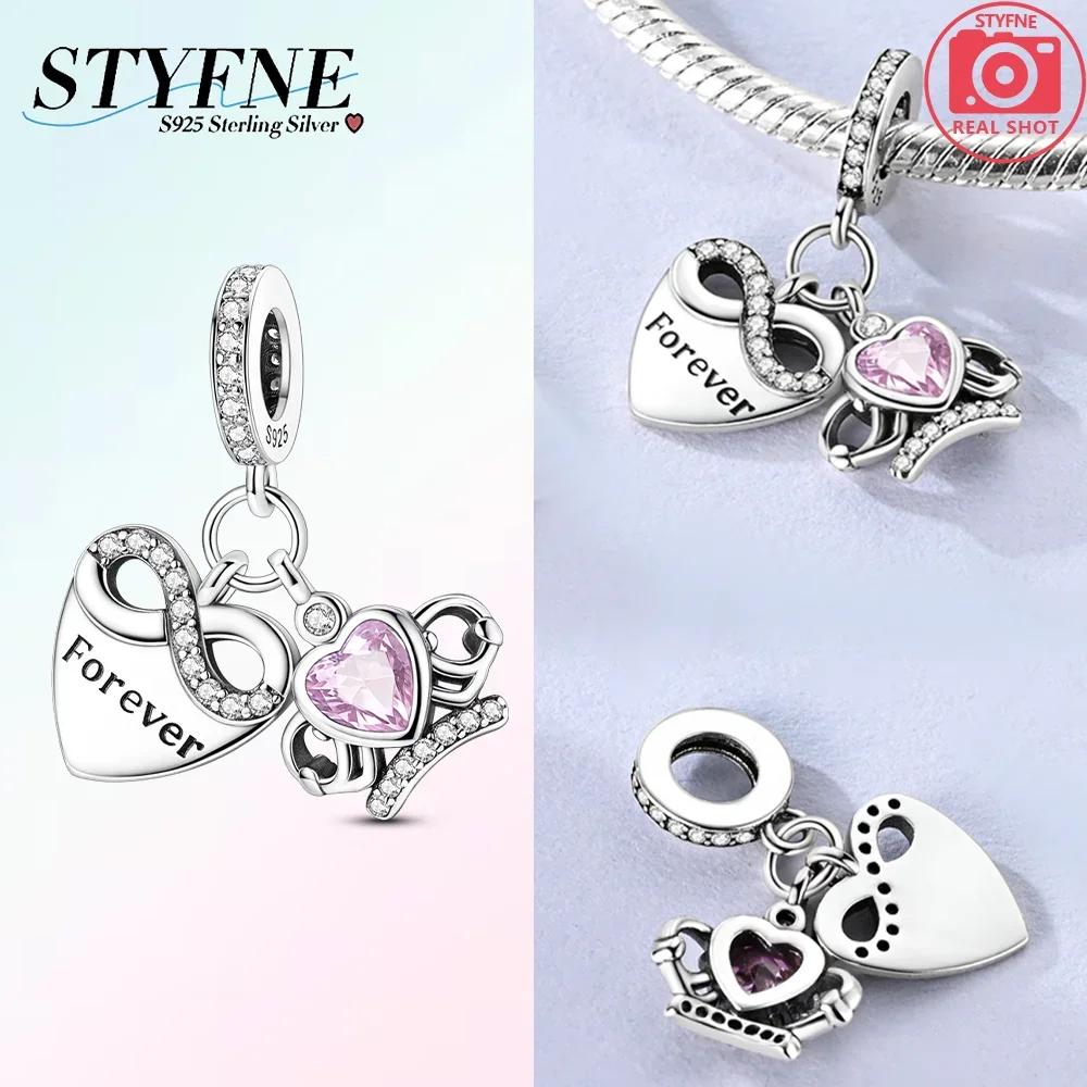 Authentic copperBlue Zircon Heart Pendant Luminous Crown Charm Bead Charms Bead Compatible With Bracelets Accessory Fine Valentines Day Gift Diy Set
