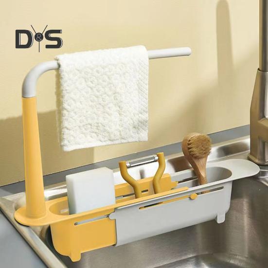 Teleskopický úložný stojan na dřez Velkokapacitní Nastavitelný design Větraný Dutý Odkapávač na kuchyňský dřez s držákem na ručníky