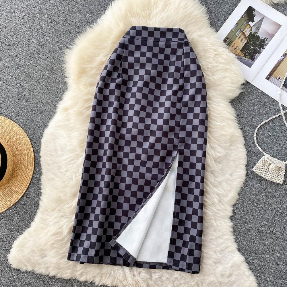 Plaid Skirt Women's Spring And Summer Niche Split One-Step Skirt Medium Long High Waist A-Shaped Hip Wrap Skirt