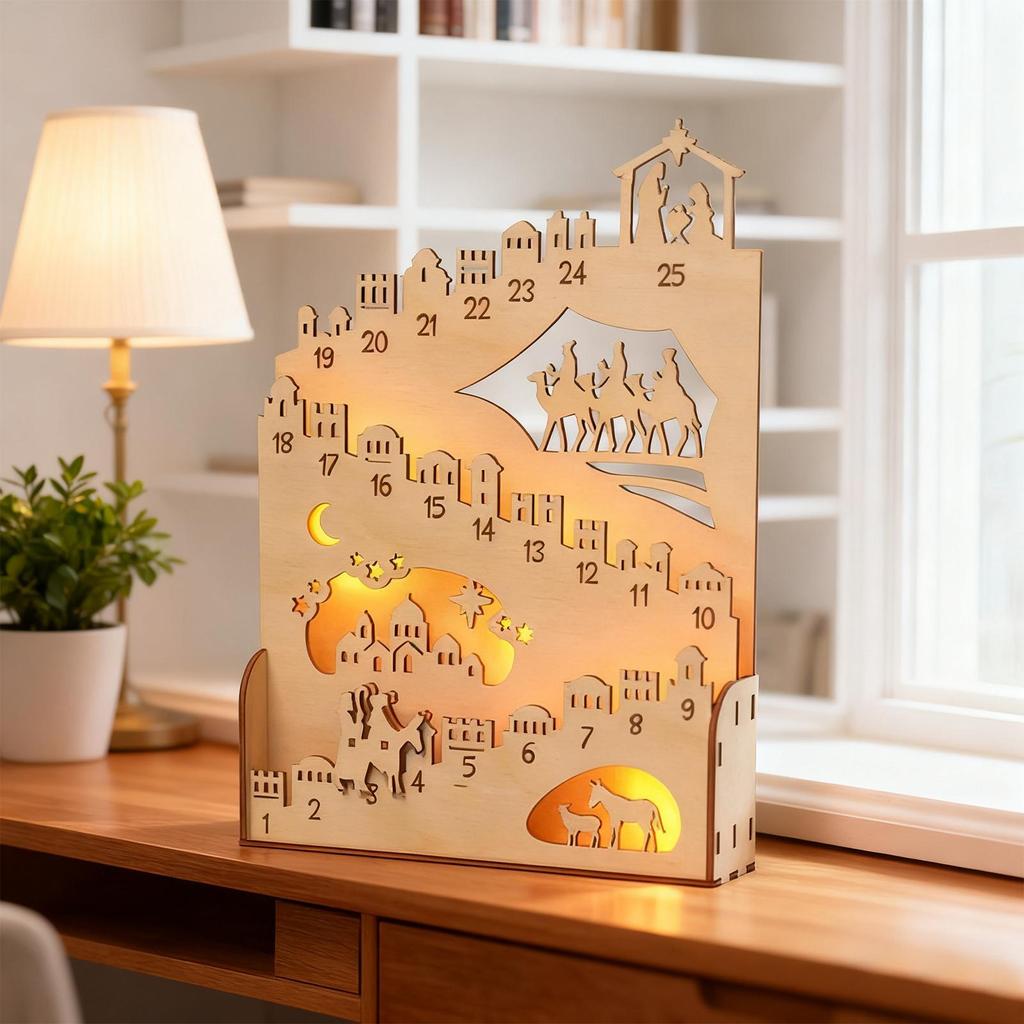 2025 hölzerner Weihnachts-Adventskalender, 25 Tage bewegliche Figur Weihnachts-Countdown-Kalender, hölzerne Weihnachtsdekorationslichter
