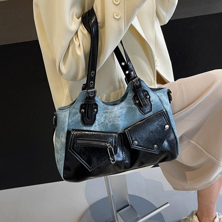 Large capacity shoulder bag, new crossbody bag, spliced women's bag, simple soft leather