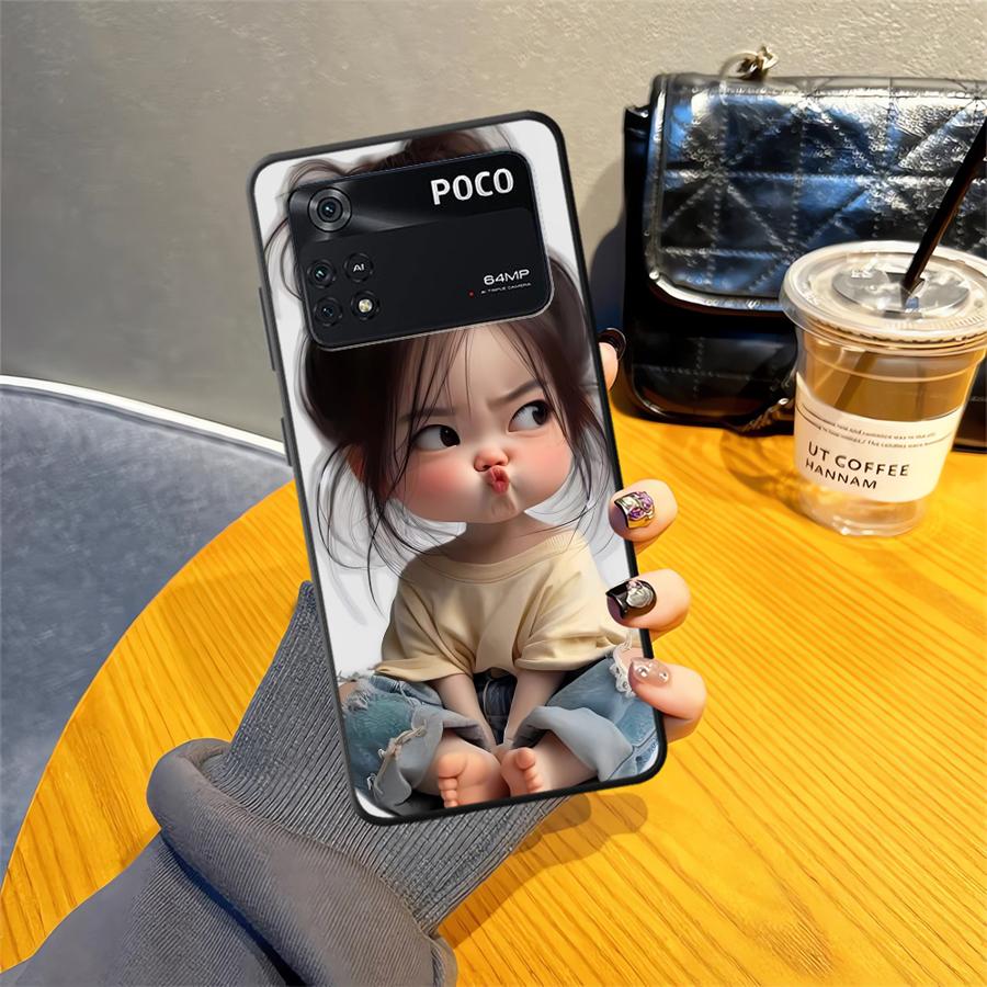 מארז ל-Xiaomi Poco X3 X4 X5 X7 Pro C61 M3 M4 M7 Pro C50 F3 C40 C71 F1 M5 C75 כיסוי טלפון שחור רך דוגמת ילדה מצוירת