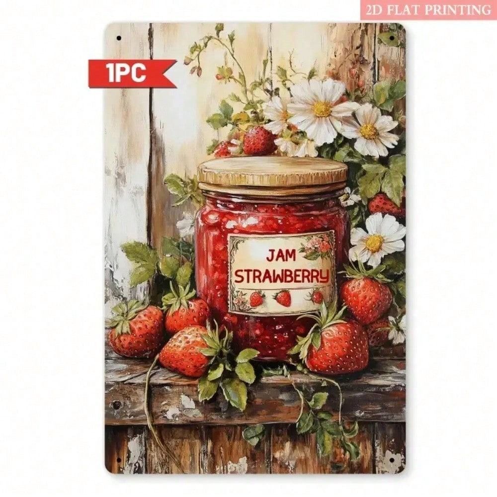 Vintage Strawberry Jam Metal Poster, Rustic Farmhouse Wall Decor for Cafe Kitchen, 8x12 Inch