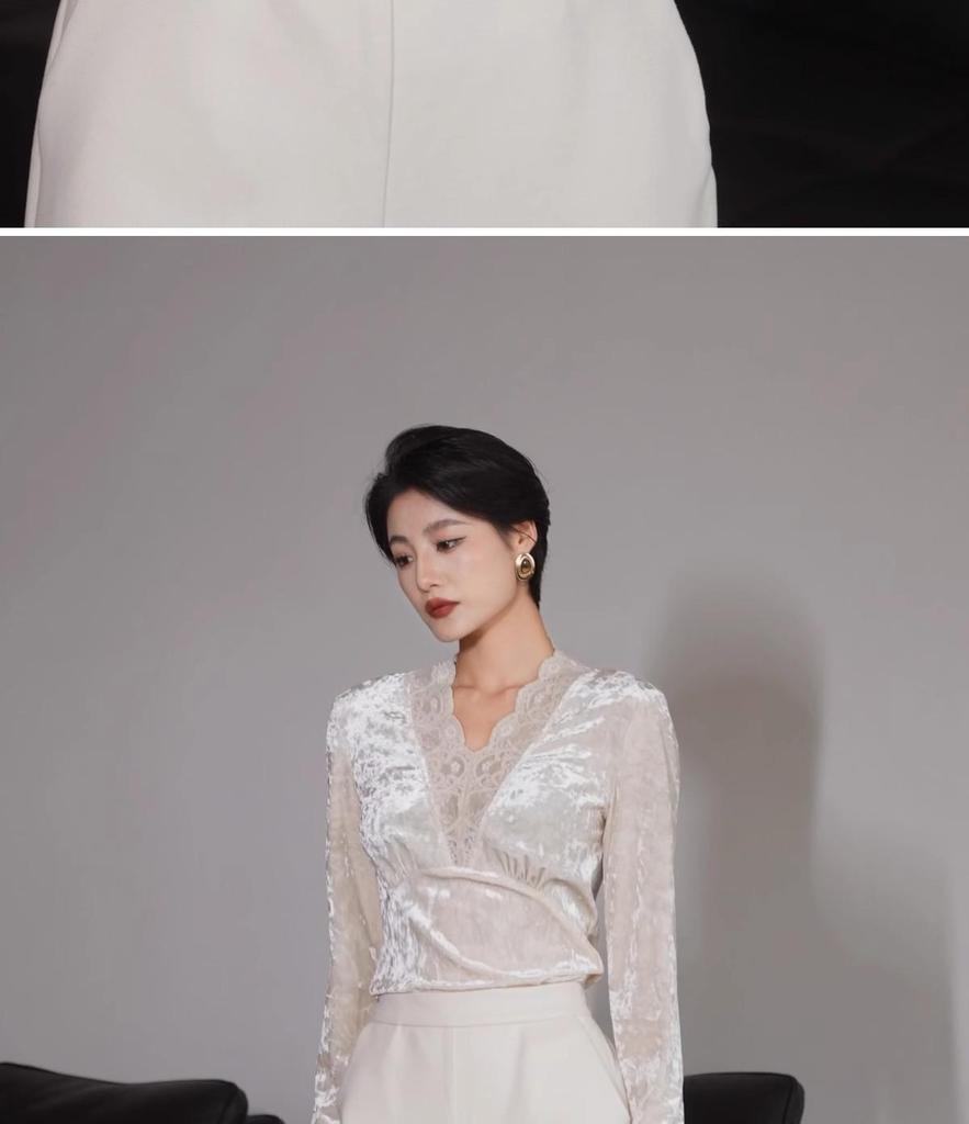 Women's V-Neck Lace Trim Layered Top - Autumn, Spring, Winter - Faux Fur & Velvet, Elegant & Unique.