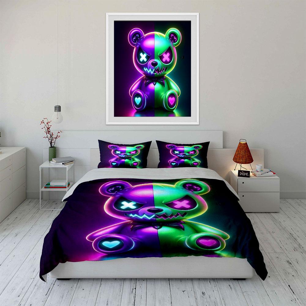 Neon Evil Teddy Bear Design Bedding Duvet Cover Set (1*Duvet Cover 2*Pillowcases, without duvet insert)