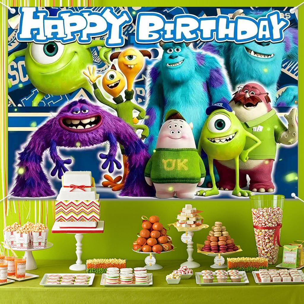 Monsters Birthday Backdrop, Monster University Happy Birthday Photo Background Banner, Mike Cartoon Theme Party Decorati