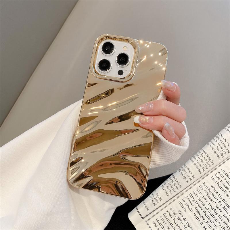 Luxury Wave Satin Ruffle Pattern Phone Case For iPhone 11 12 13 14 15 16 Pro Max Plus Glitter Shockproof Solid Color Cover