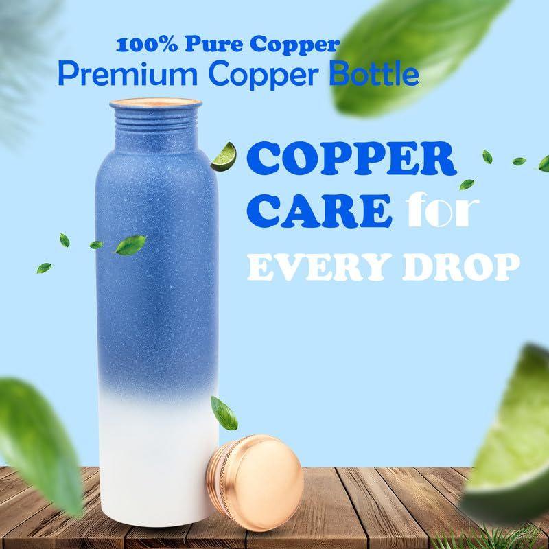 Pure Copper Water Bottle 950 ML - Jointless, Leakproof, Double Printed Design Best Gifts for Family and Friends| Blue & White - Set of 2