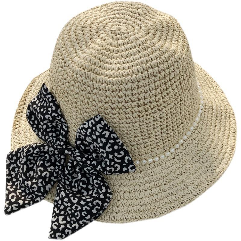 Pearl straw hat summer travel sunscreen sunshade bucket hat new straw seaside vacation net red hat