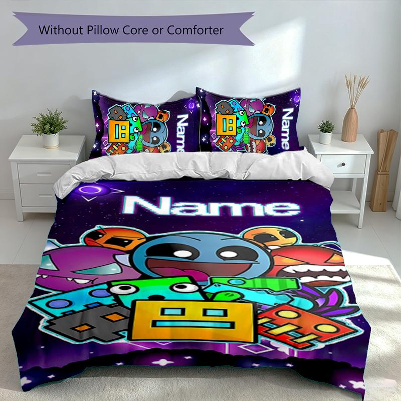 3pcs Custom Name Geometry Dash Set,Includes 1 Duvet Cover and 2 Pillowcases,All-season Bedroom Decor