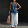 2026 Summer Linen Halter Top & Striped Wide-Leg Pants Women's Casual Set