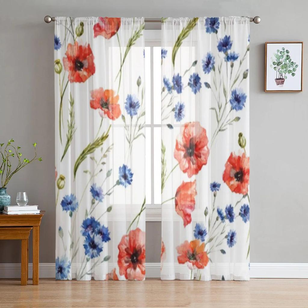 Ungdomssoverom Skjære Gardiner Retro Trefiber Røde Valmuer Kjøkken Arbeidsrom Gardiner Stue Høytidsdekor Tyllgardiner