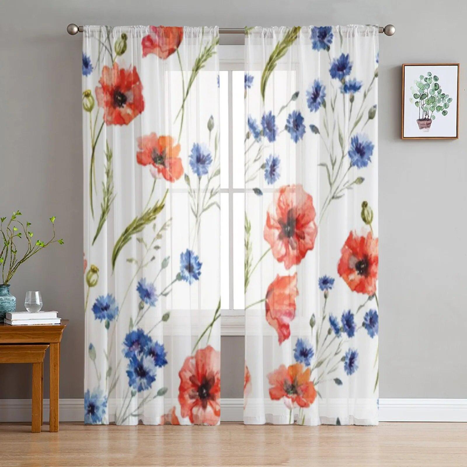 

Молодежные прозрачные шторы для спальни в стиле ретро, ​​красные маки, кухонные шторы для учебы, гостиной, праздничный декор, тюлевые шторы 135W x 114H(cm)