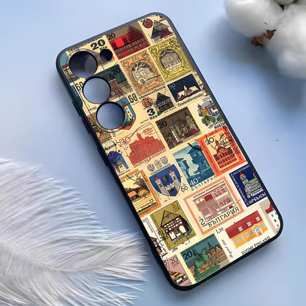 Vintage Stamps Phone Case For Samsung S25 Ultra S24 S23 S22 S21 S20 Plus Fe Galaxy A54 A53 A34 A25 Silicone Cover
