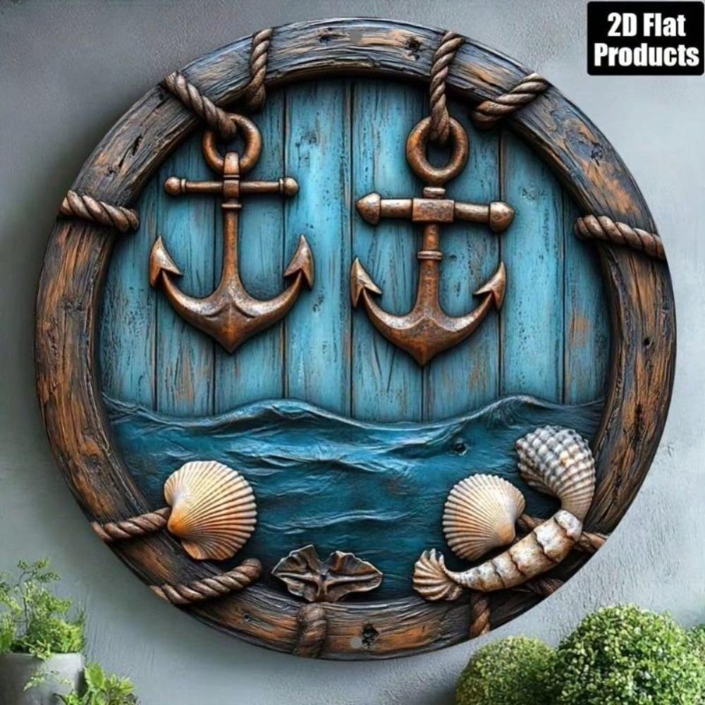 Vintage Marine Anchor Shell Round Metal Poster Wall Decor for Kitchen